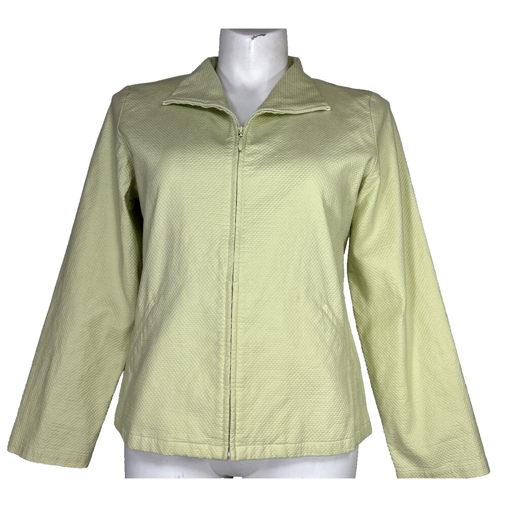 Eileen Fisher Jacket LARGE Yellow Green Zipper Long Sl Collar Pocket Texture